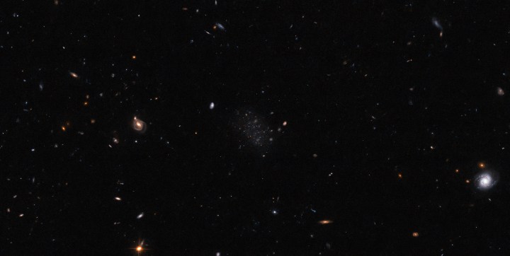 Right in the middle of this image taken with the NASA/ESA Hubble Space Telescope, nestled among a smattering of distant stars and even more distant galaxies, lies the newly discovered dwarf galaxy known as Donatiello II. If you can’t quite discern Donatiello II’s clump of faint stars in this image, then you are in good company. Donatiello II is one of three newly discovered galaxies. All three were missed by an algorithm designed to search astronomical data for potential galaxy candidates. Even the best algorithms have their limitations when it comes to distinguishing very faint galaxies from individual stars and background noise. In such challenging situations, identification must be done the old-fashioned way – by a dedicated human trawling through the data themselves.