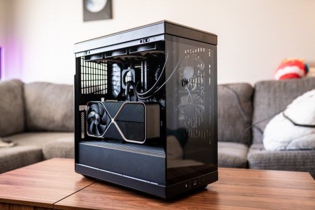 The Hyte Y40 PC case sitting on a coffee table.