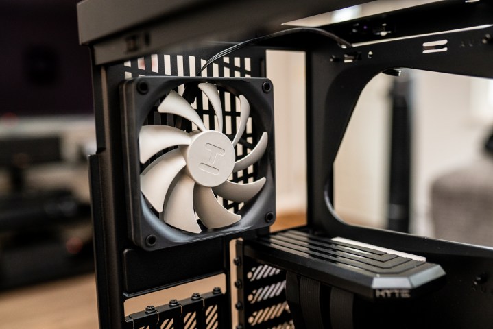 A fan installed in the back of the Hyte Y40 case.