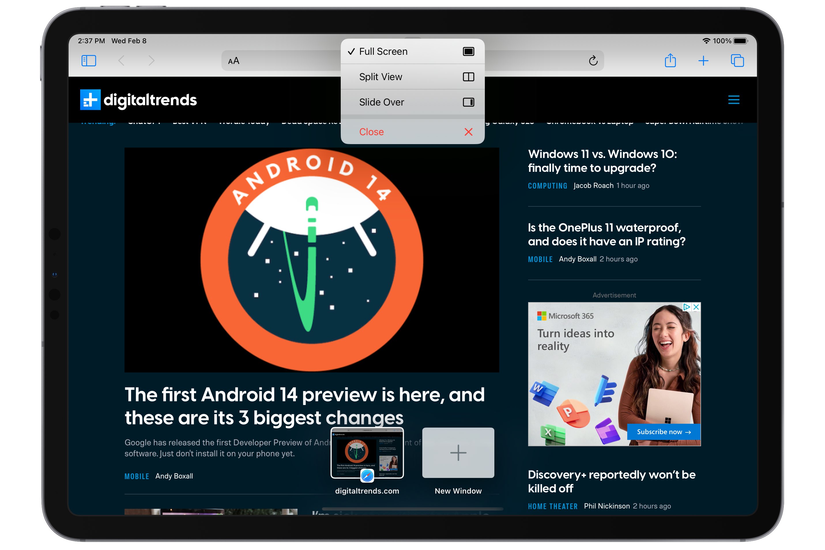 Safari no iPad mostrando o menu Visualização de multitarefa.