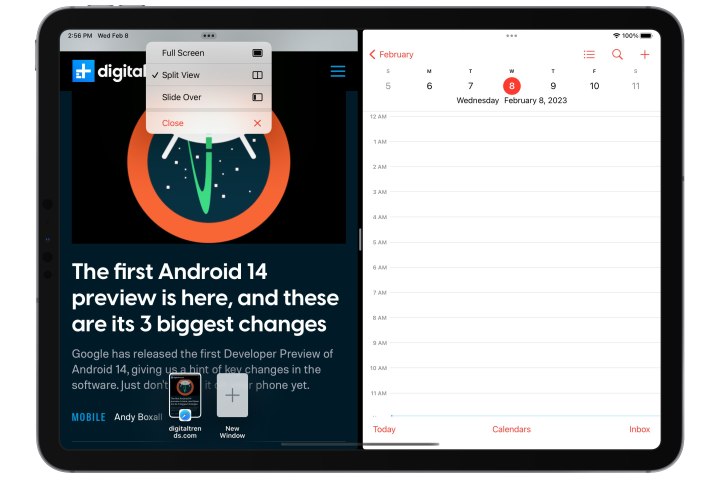 Safari and Calendar open on an iPad with the multitasking layout menu open.