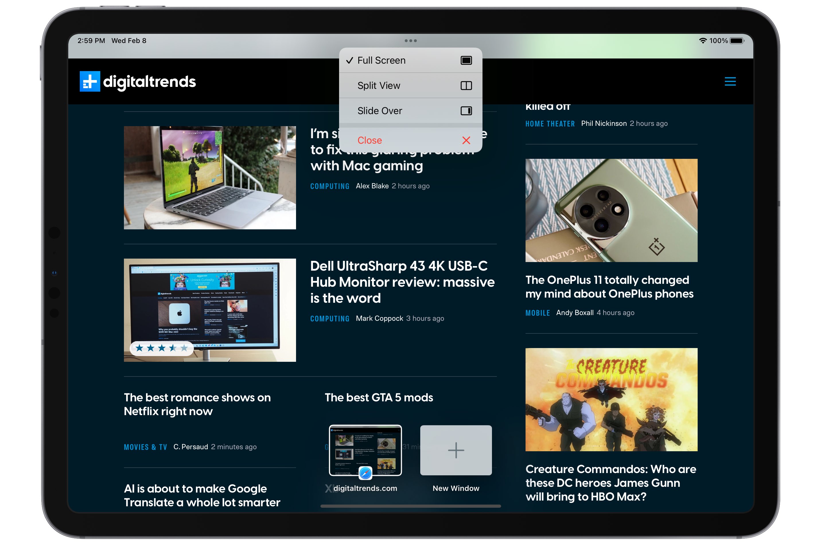Safari aberto em tela cheia em um iPad com menu de layout multitarefa aberto.