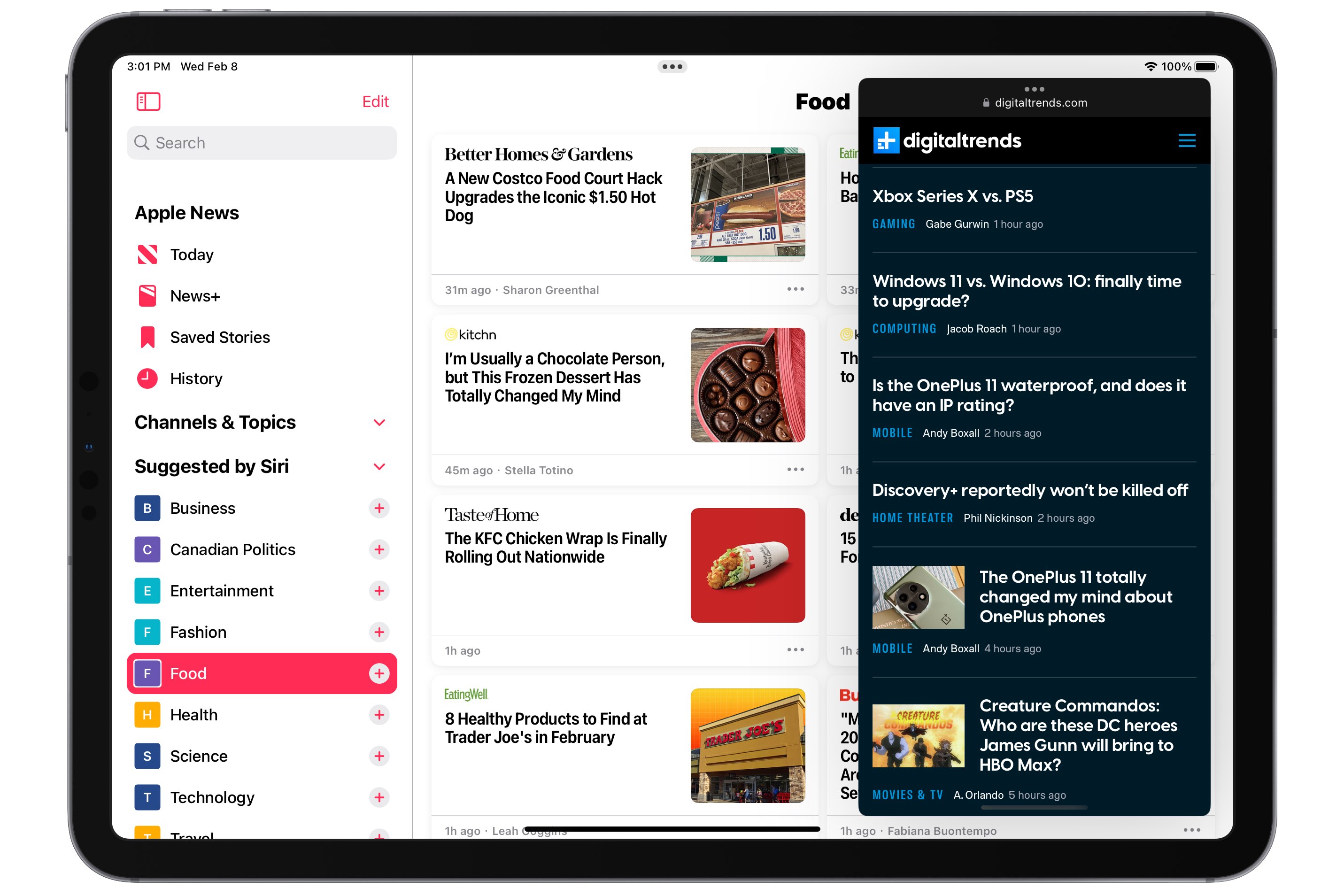 Safari aberto na exibição Slide Over no Apple News.