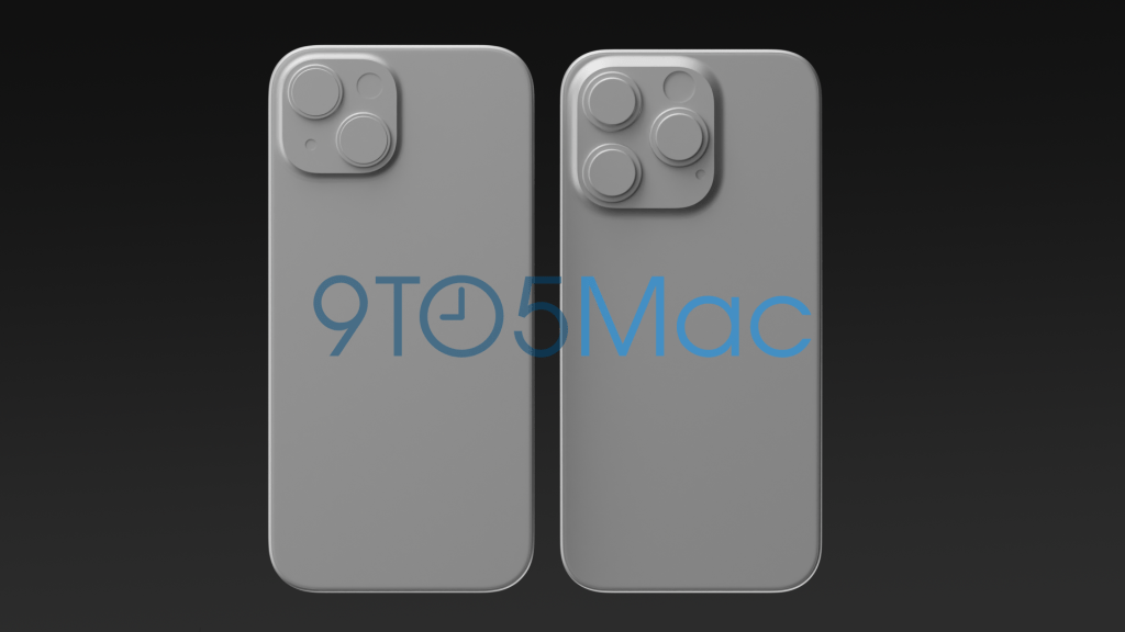 CAD Renders of the iPhone 15 showing its rear in comparison to the 15 Pro.