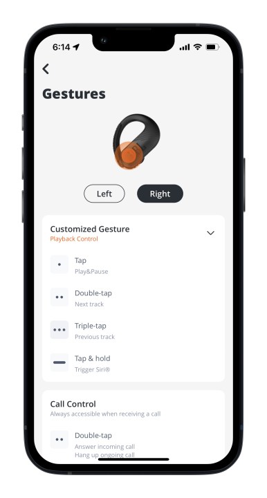 Opzioni di controllo nell'app JBL Headphones per iOS.