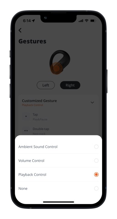 Finestra di dialogo delle opzioni di controllo nell'app JBL Headphones per iOS.