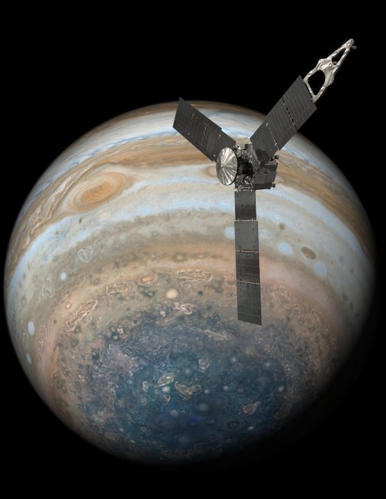 इस दृष्टांत में नासा के जूनो अंतरिक्ष यान को बृहस्पति के दक्षिणी ध्रुव पर उड़ते हुए दिखाया गया है।