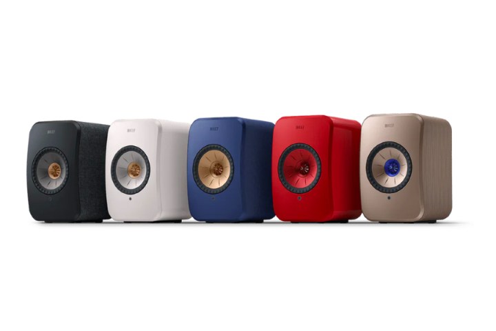 The KEF LXS II speakers, all colors, in a row. 
