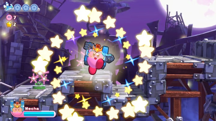 Kirby is dressed as a mech in Kirby's Return to Dream Land Deluxe.