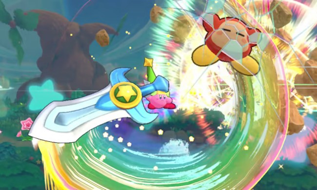 Kirby slashes a Waddle Dee with a massive sword in Kirby's Return to Dream Land Deluxe.