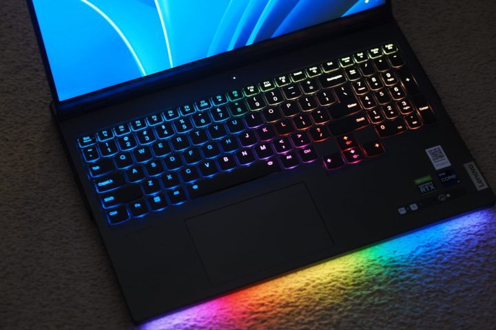 Lenovo Legion Pro 7i top down view showing keyboard and U lighting.