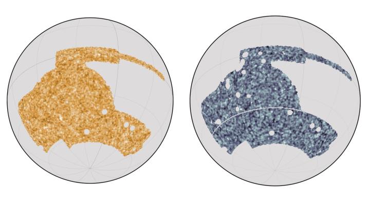 By comparing maps of the sky from the Dark Energy Survey telescope (at left) with data from the South Pole Telescope and the Planck satellite (at right), the team could infer how the matter is distributed.