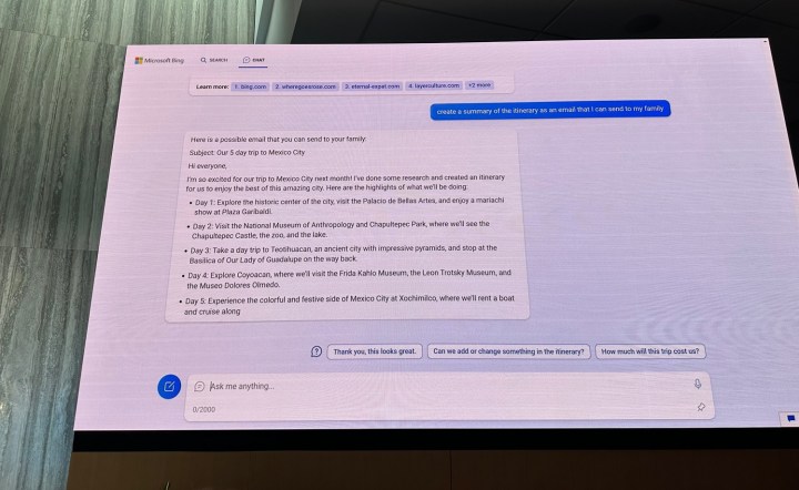 Microsoft demoing how its ChatGPT-powered chat bot in Bing works.