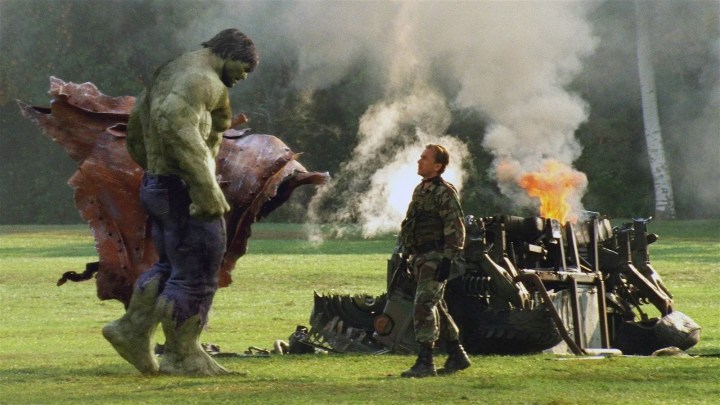 Hulk battles a human in The Incredible Hulk.