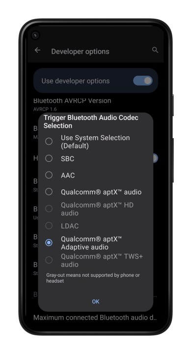 Menu delle impostazioni del codec Bluetooth Android.