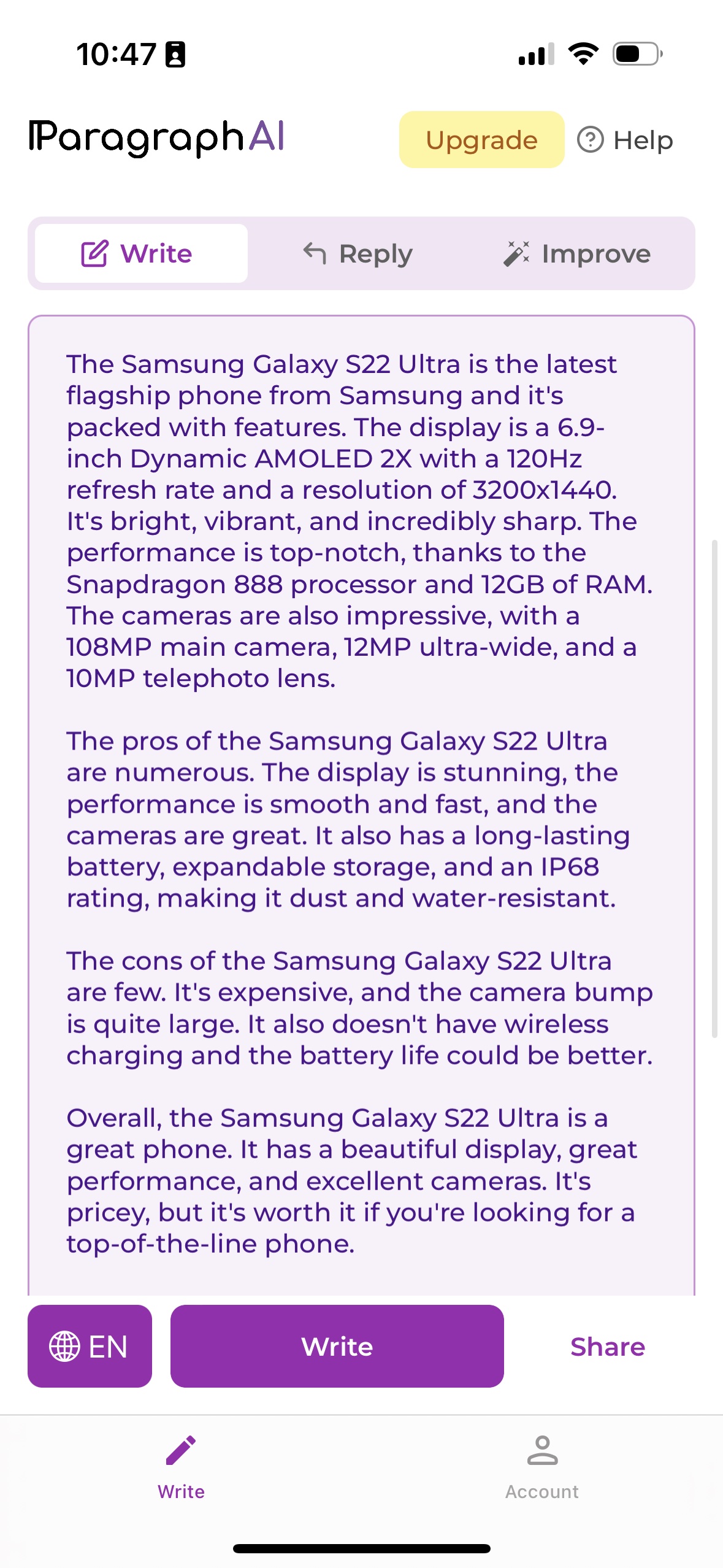 Uma análise do Galaxy S22 Ultra, escrita por ParagraphAI.  Lê-se: 