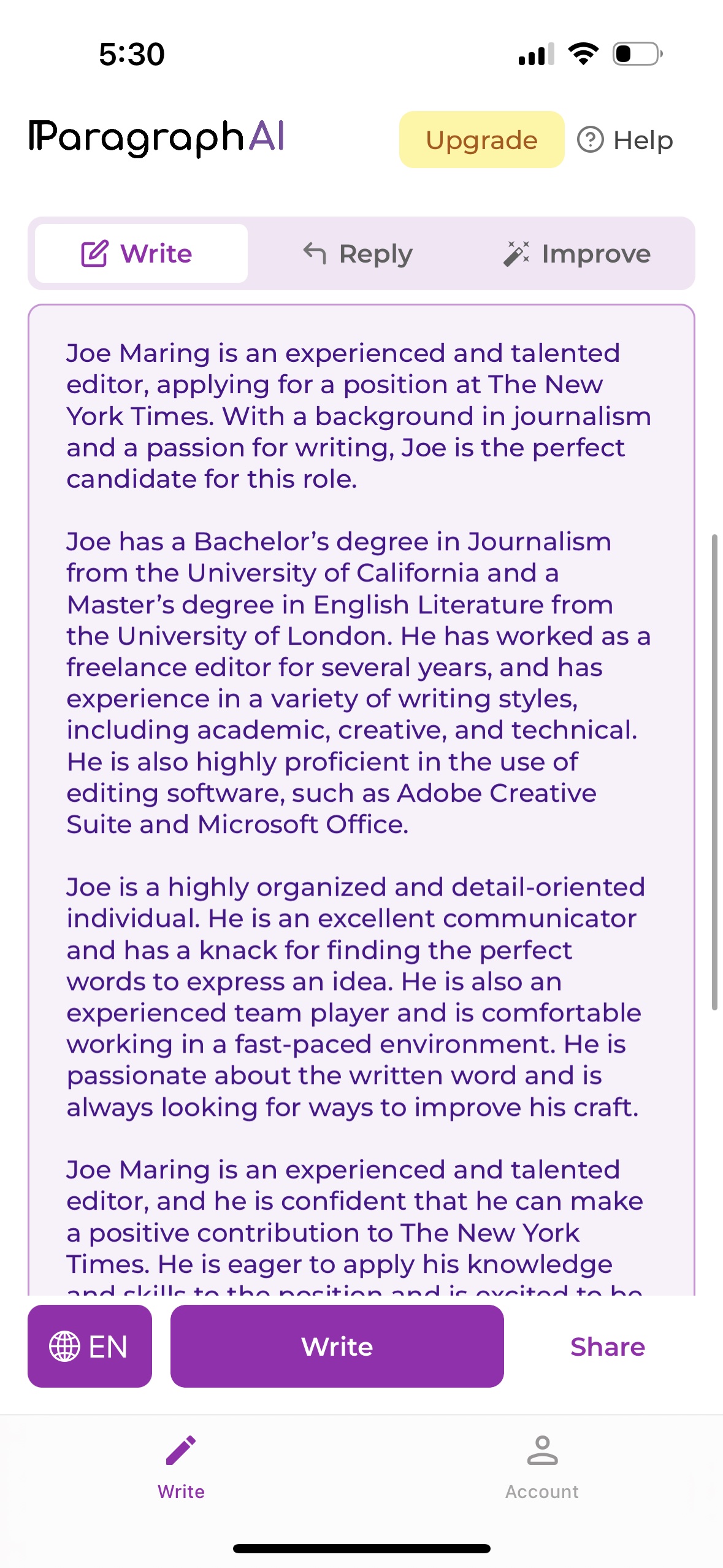 Um currículo para Joe Maring, escrito por ParagraphAI.  Lê-se: 