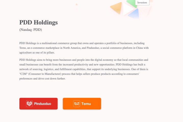 Screenshot of the PDD Holdings website.  It reads: 
