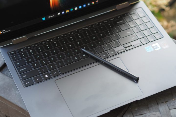 Samsung Galaxy Book3 Pro 360 top down view showing keyboard, touchpad, and pen.