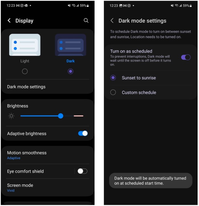 Samsung Galaxy S23 dark mode settings