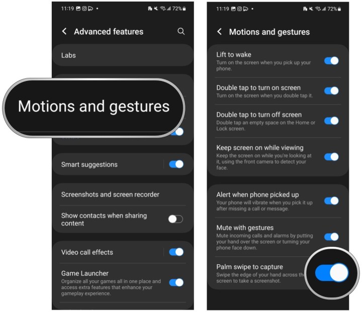 تنظیمات ویژگی های پیشرفته Samsung Galaxy S23، روی Motions and gestures ضربه بزنید، روی کلید ON ضربه بزنید.  برای گرفتن کش رفتن کف دست