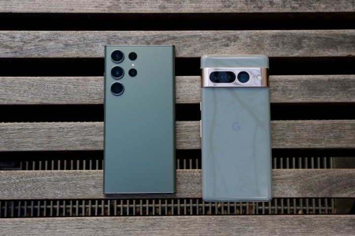 The Samsung Galaxy S23 Ultra next to the Google Pixel 7 Pro.