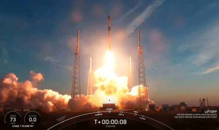 A SpaceX Falcon 9 rocket launches in February 2023.