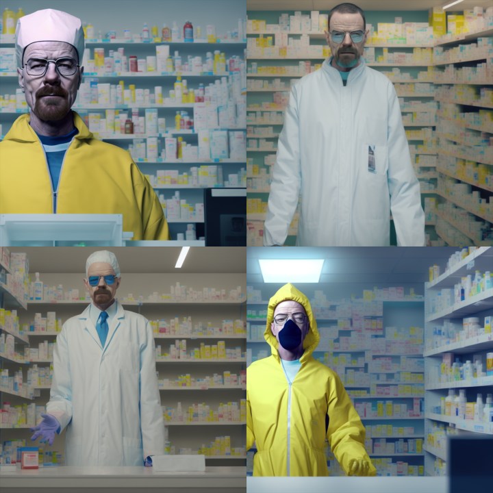 AI-generated images of Walter White standing at a pharmacy. 