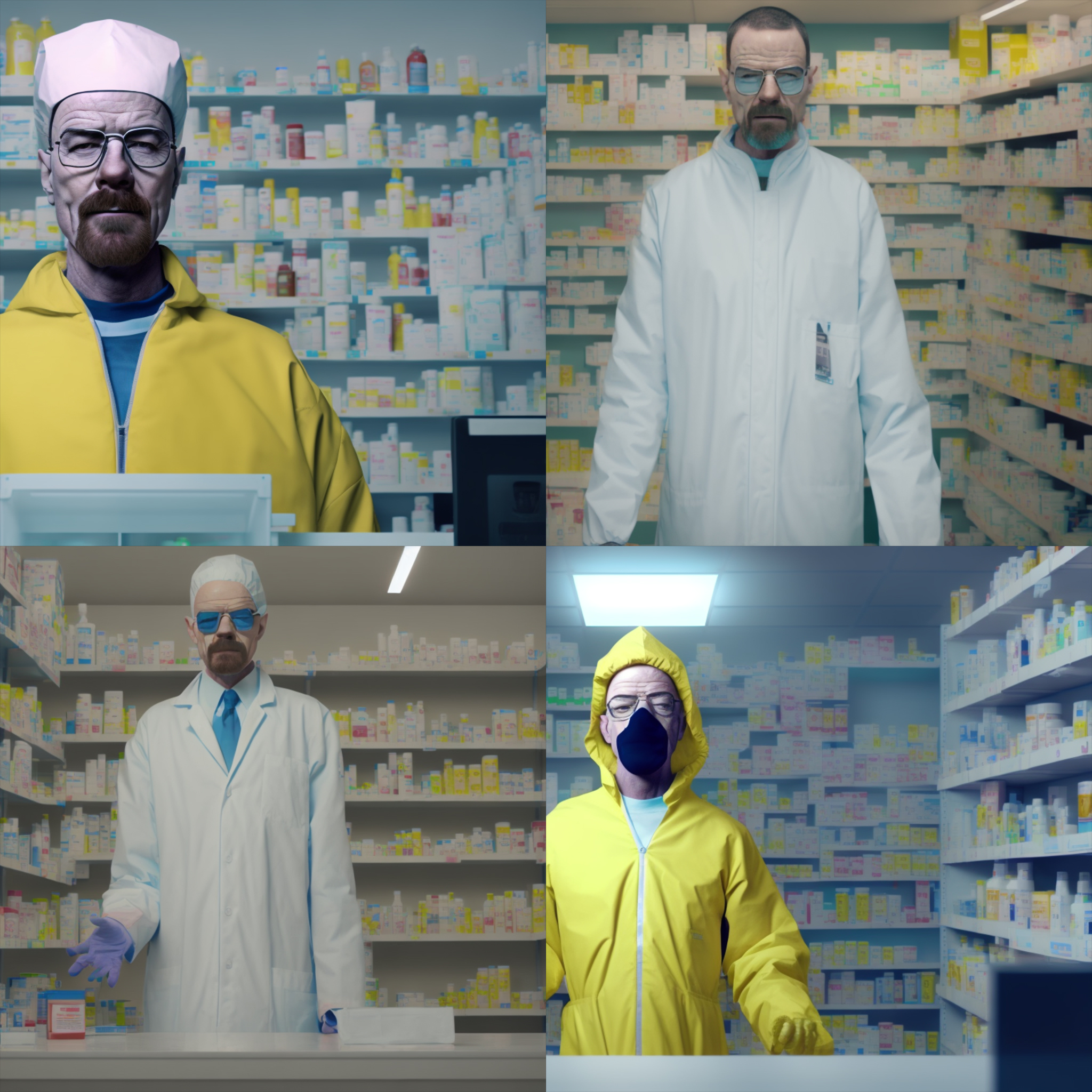 Imagens geradas por IA de Walter White parado em uma farmácia. 