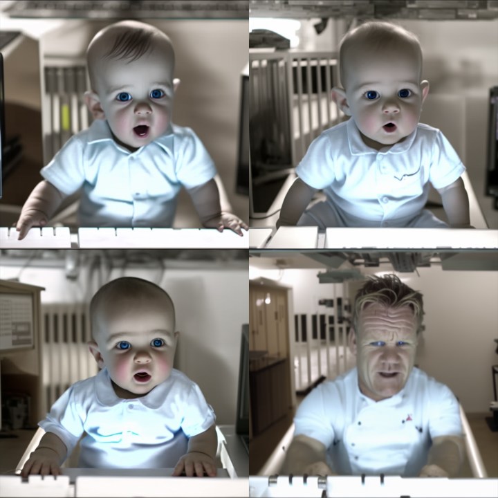 AI-generated images replicating E-Trade's Baby commercial from the Super Bowl.