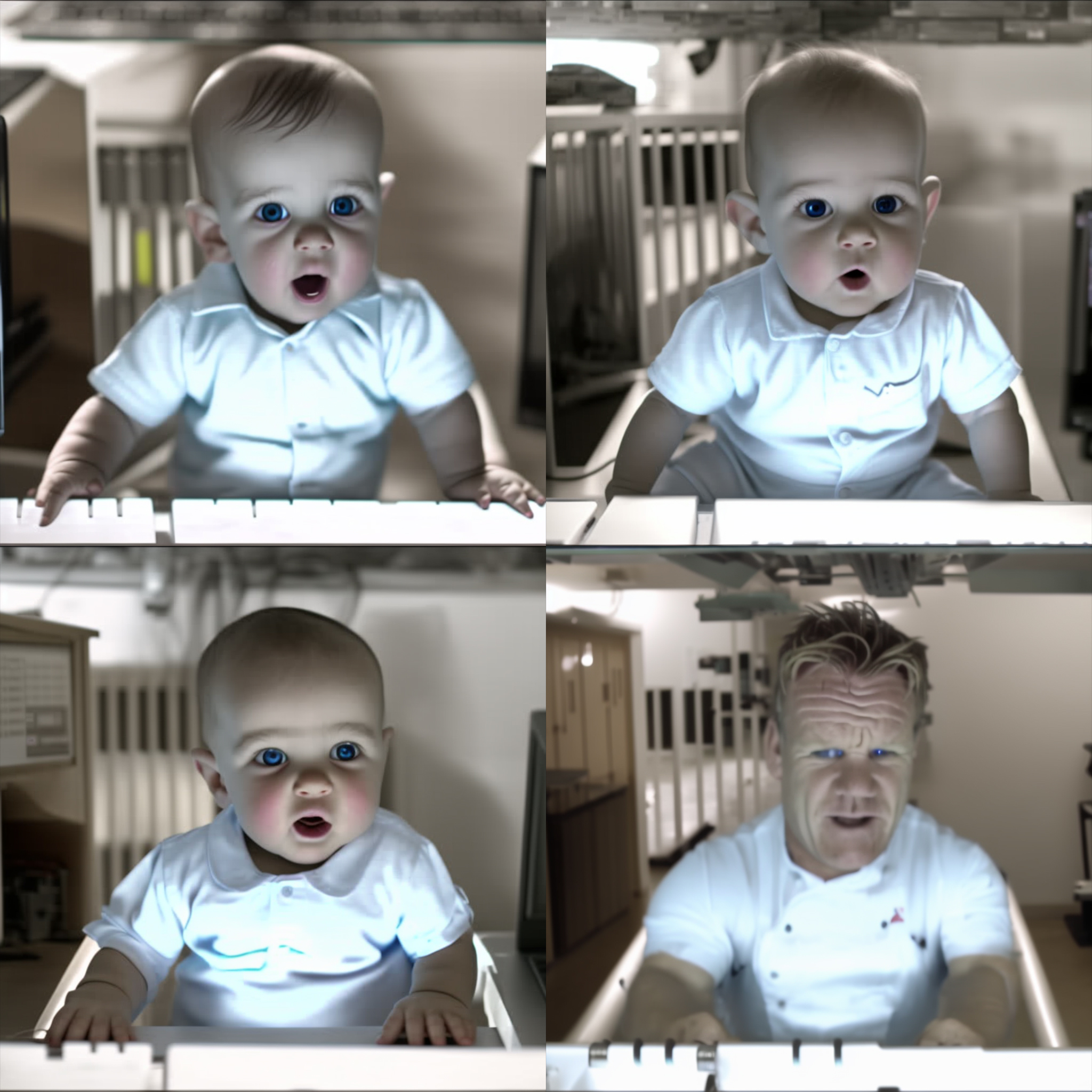 Imagens geradas por IA replicando o comercial Baby da E-Trade do Super Bowl.