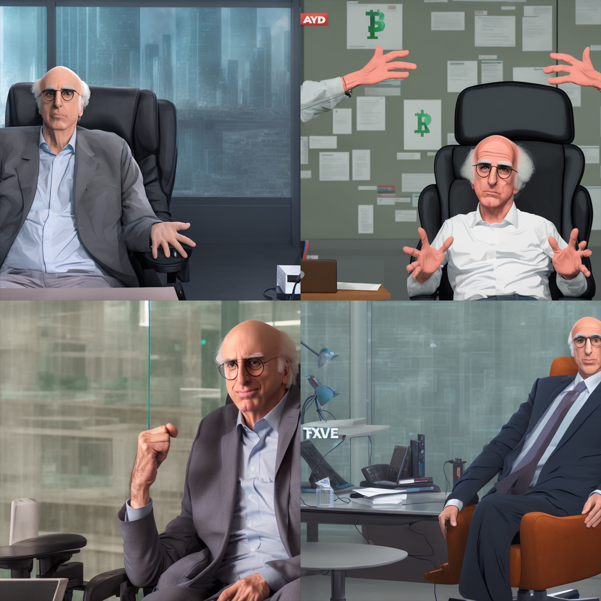 Imagens geradas por IA de Larry David sentado em uma cadeira de escritório.