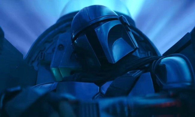 The Mandalorian in a blue background from the series on Disney+.