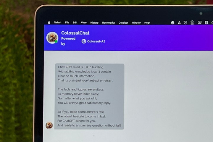 Un poema de ColossalChat sobre ChatGPT aparece en la pantalla de un MacBook.
