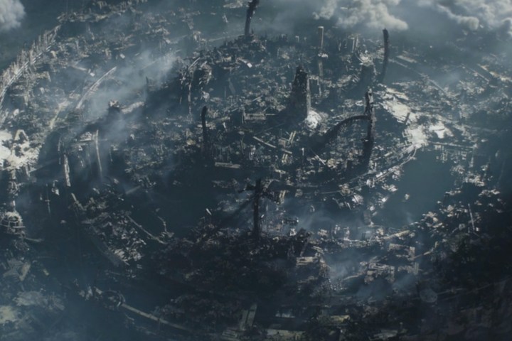 Una ciudad mandaloriana destruida se muestra desde arriba en The Mandalorian Temporada 3 Episodio 2.