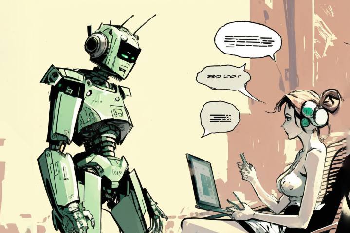 Una caricatura de Midjourney de un robot charlando con una mujer usando una computadora portátil.