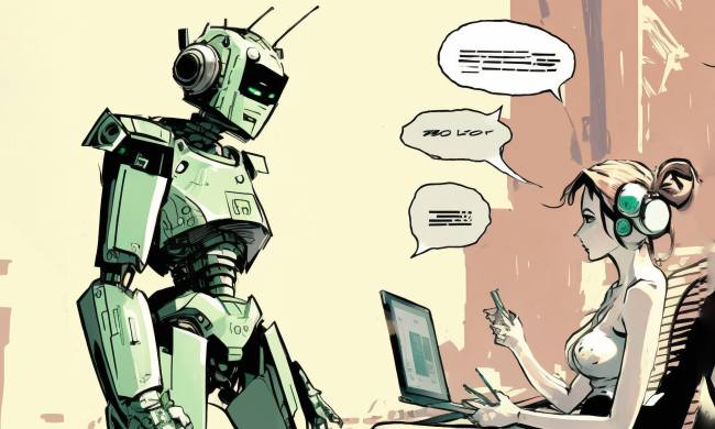 A Midjourney cartoon of a robot chatting with a woman using a laptop.