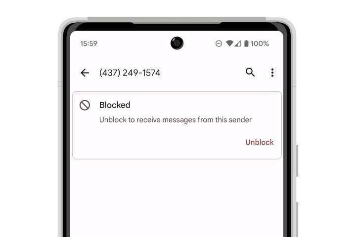 Banner for a blocked number in Google Messages.