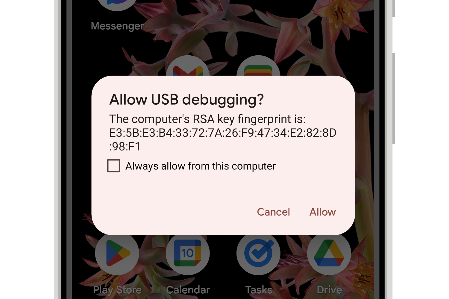 Solicitação do Android 13 para confirmar a permissão de depuração USB.