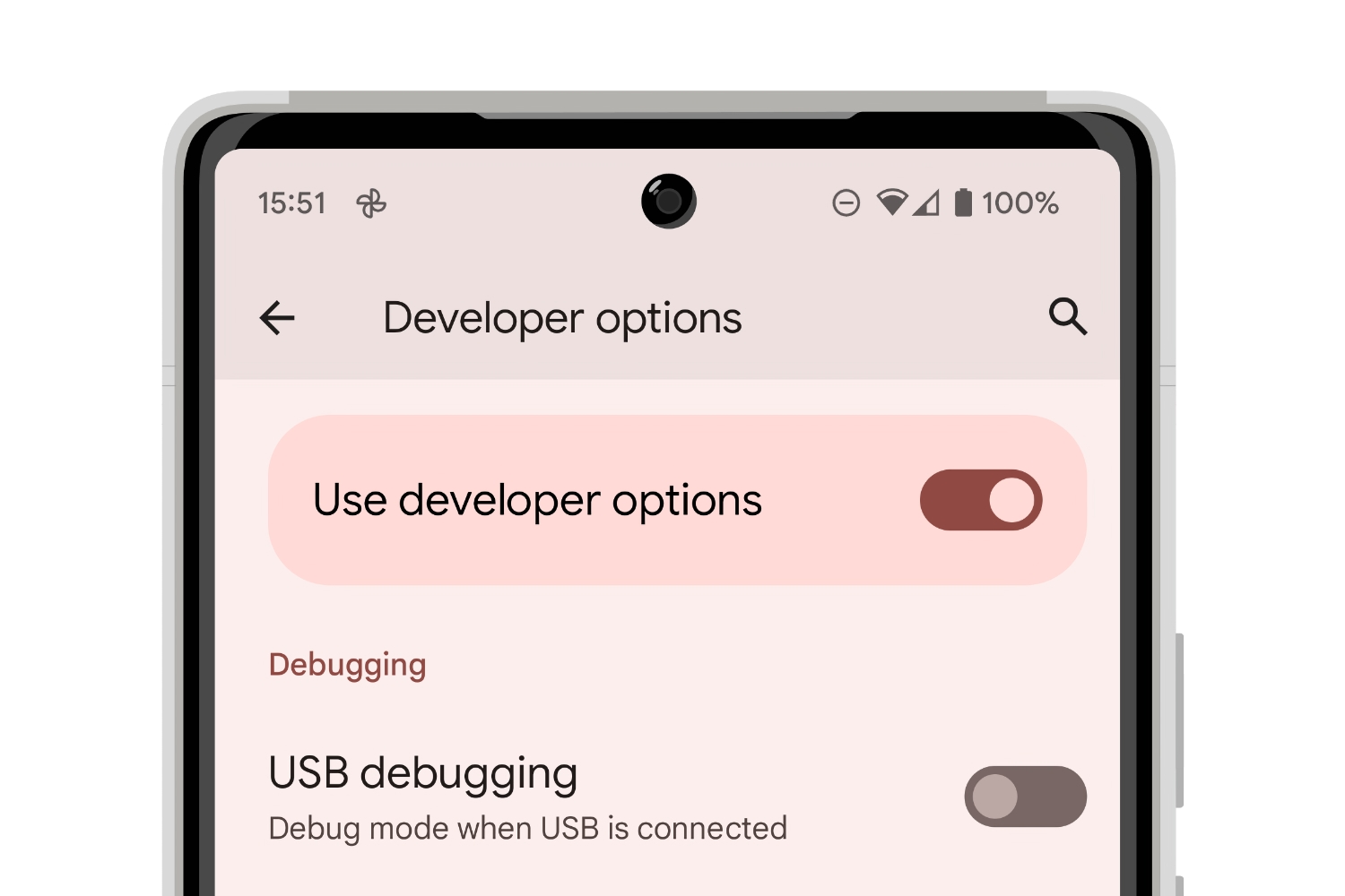 Opção de modo de desenvolvedor do Android 13 para depuração USB.