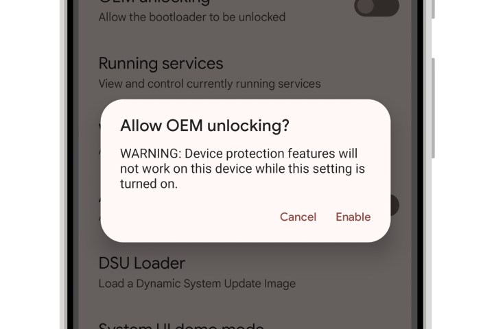 Android 13 asks to confirm OEM unlock activation.