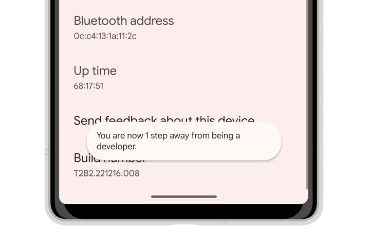 Android 13 on a Pixel 6 showing steps to enable developer mode.