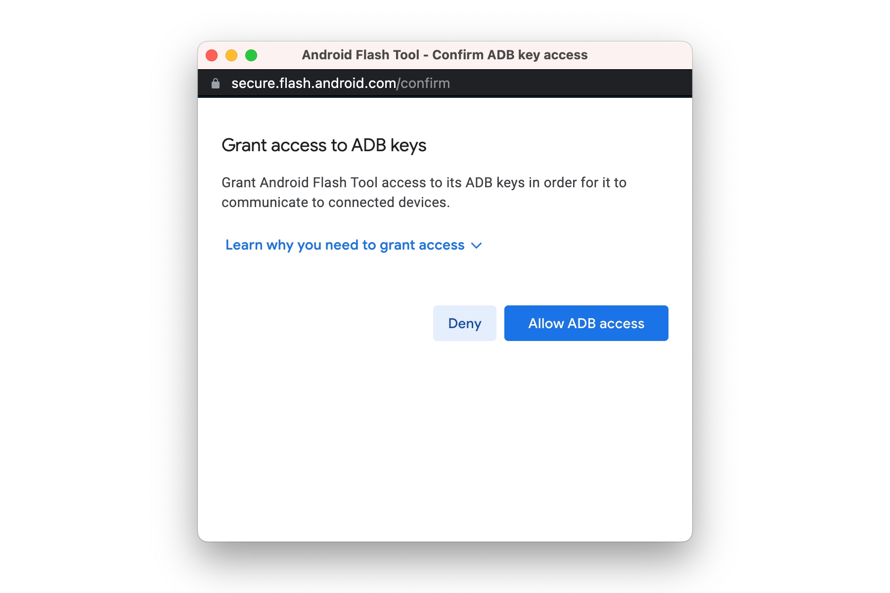 Android Flash Tool solicitando acesso ADB.