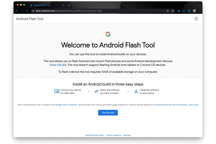 Google Chrome یک صفحه اصلی برای Android Flash Tool نمایش می دهد.