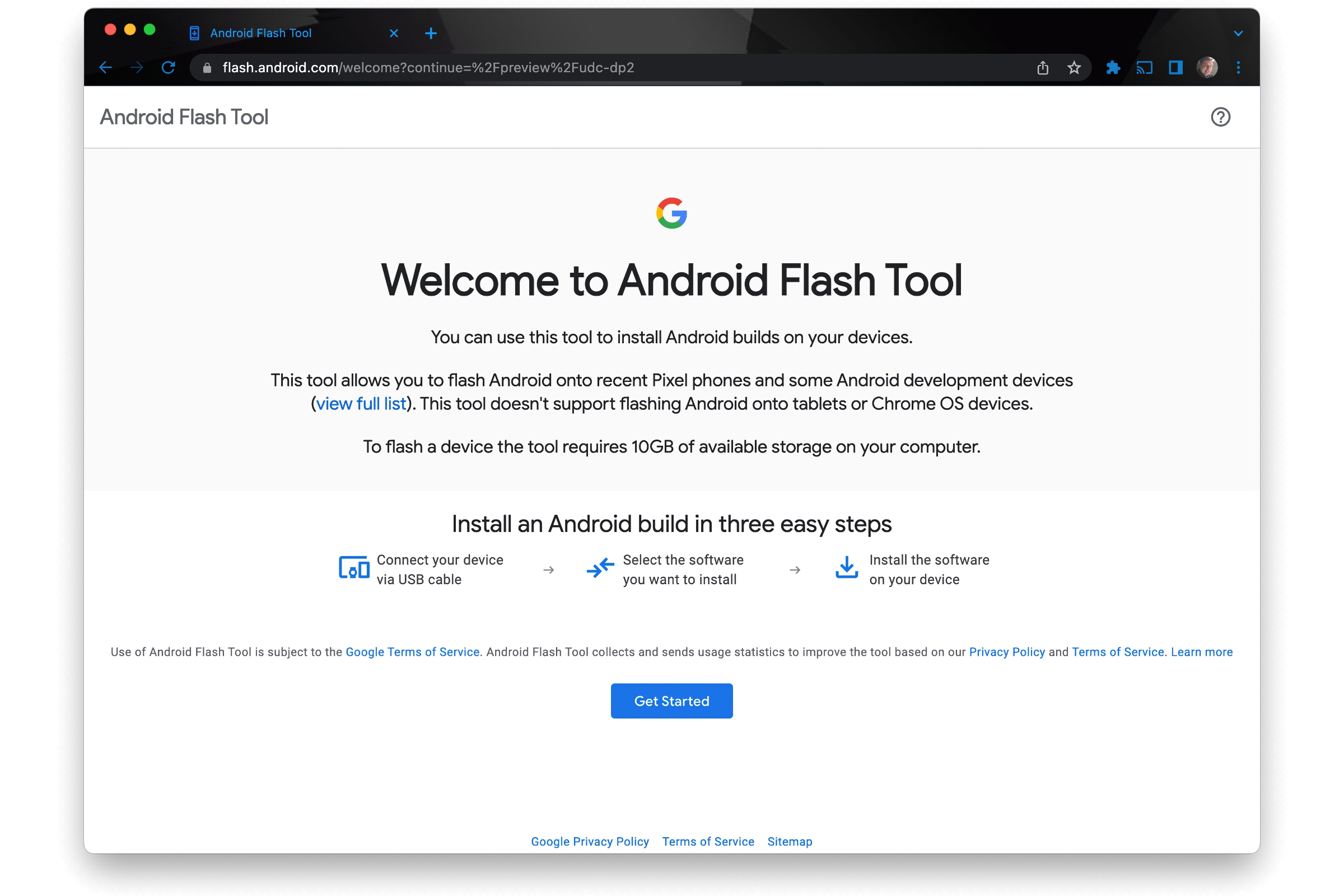 Google Chrome exibindo a página de boas-vindas para a ferramenta Android Flash.