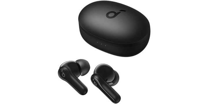 The Anker Soundcore Life Note E Earbuds next to their case and on a white background.