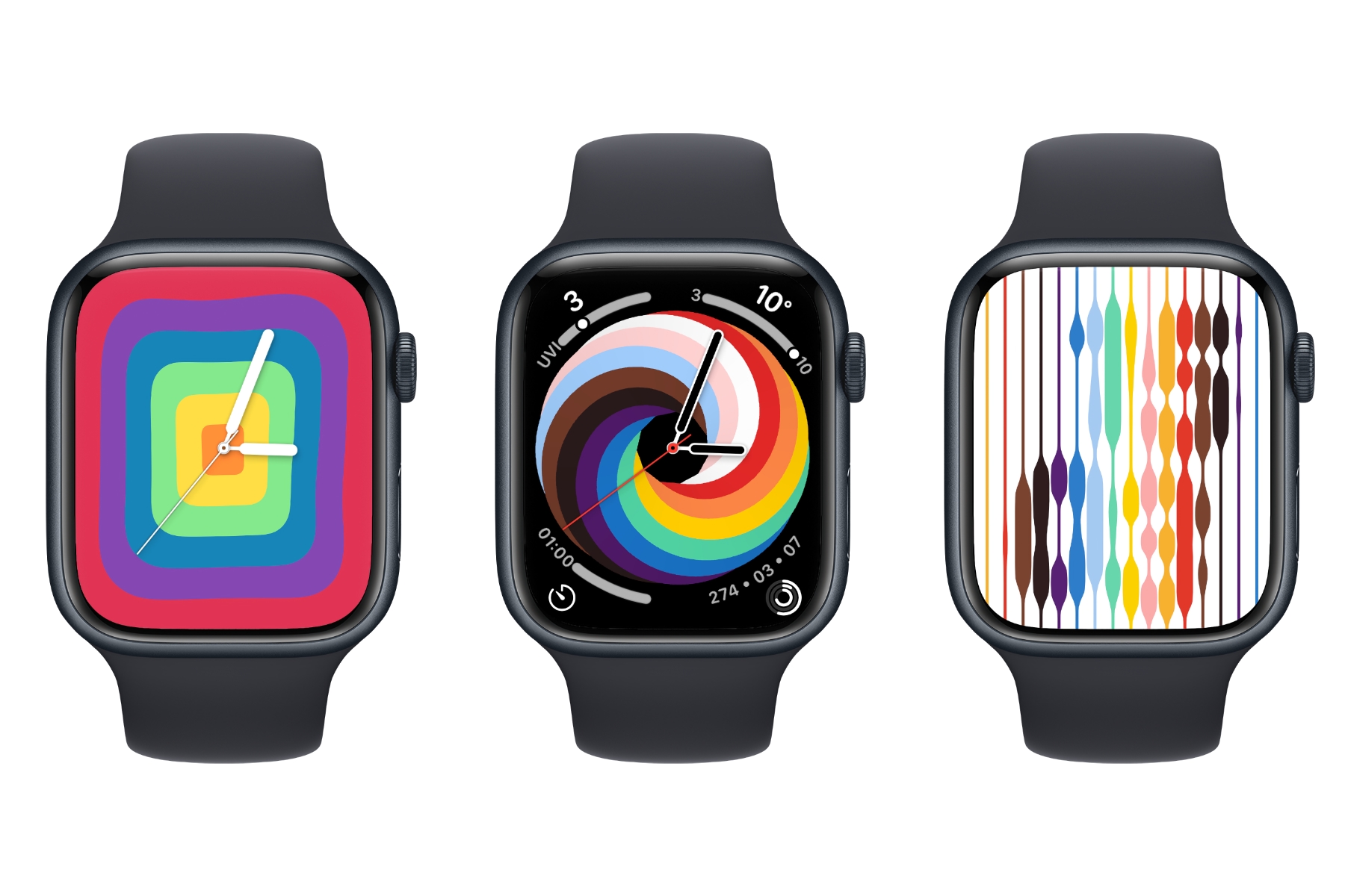 Three Apple Watches showing Pride Analog, Pride Woven Circular, and Pride Threads faces.