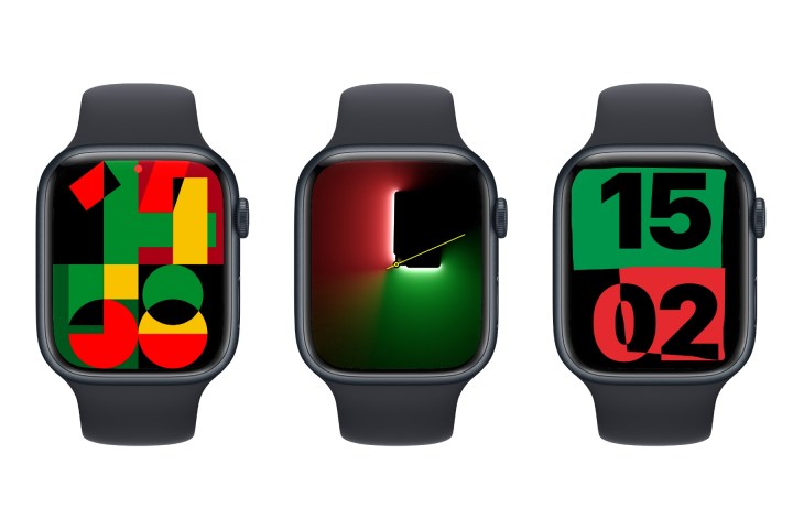 Three Apple Watches showing Unity Mosaic, Unity Lights, and Unity faces. 