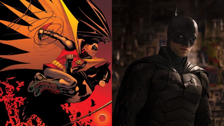 Image fractionnée de Batman et Robin et Robert Pattinson en tant que héros de The Batman.