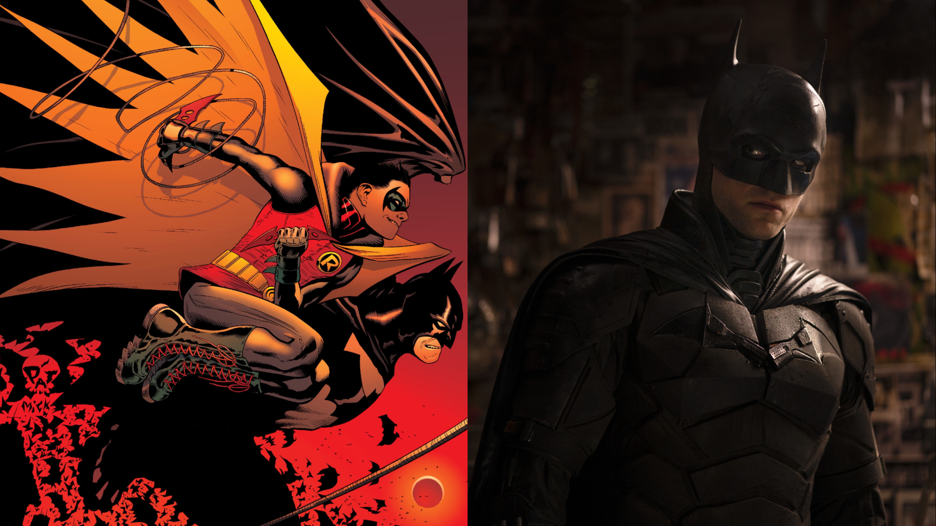 Imagem dividida de Batman e Robin e Robert Pattinson como o herói em The Batman.